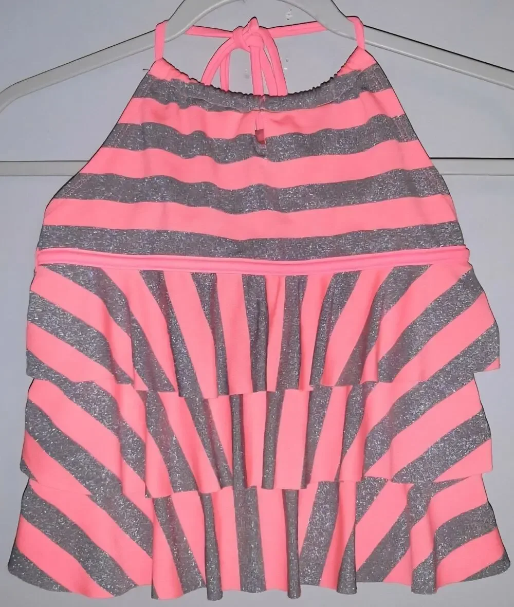 Justice Girls Neon Pink And Silver Ruffle Halter Tankini Top 10